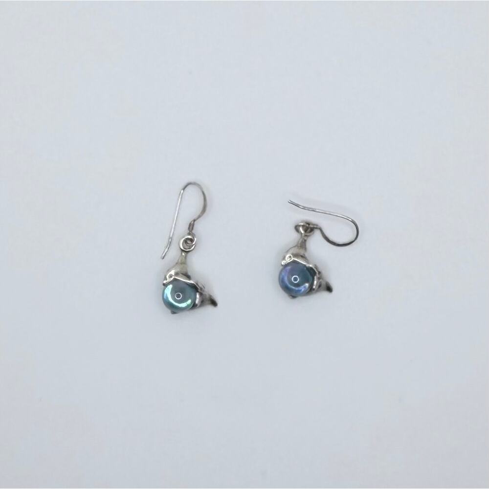 Vintage 925 Sterling Silver Dolphin Earrings with Blue Round Glass